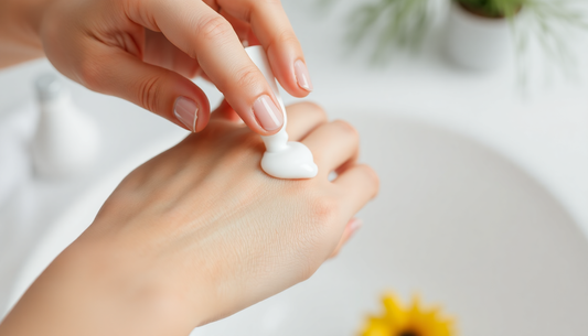 A hand applying moisturizer to dry skin