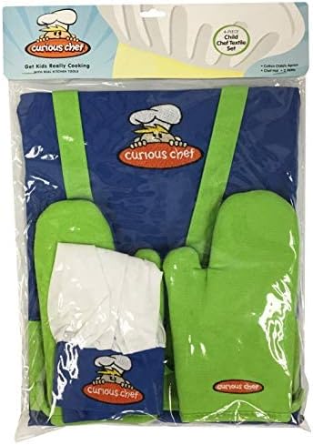 Curious Chef 4-Piece Child Textile Set for Kids and Toddlers, Blue and Green Child-Sized Apron, Oven Mitts and Chef’s Hat, Real Kitchen Wear Cooking Kit