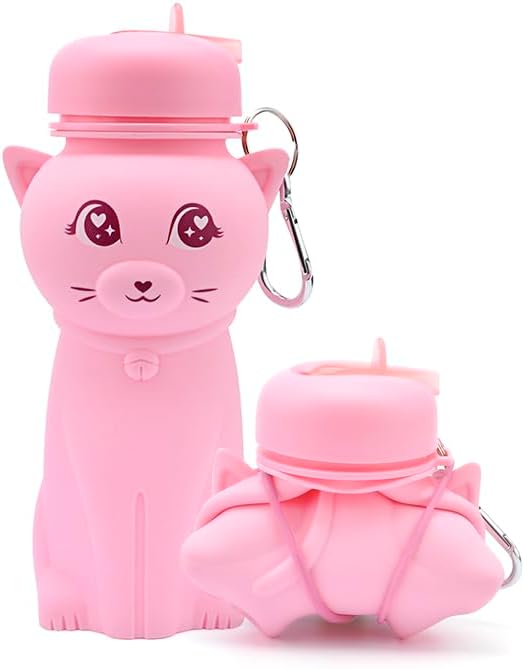 Cat Water Bottle,Collapsible Water Bottle for Kids,Cute Water Bottles -kawaii Cat Appearance - Portable Leak Proof with Roll Up Foldable Silicone Features for Sports,BPA Free (pink)