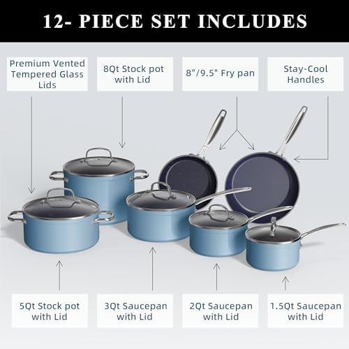 Nuwave Healthy Duralon Blue Ceramic Nonstick Cookware Set, Diamond Infused Scratch-Resistant, PFAS Free, Dishwasher & Oven Safe, Induction Ready & Evenly Heats, Tempered Glass Lids & Stay-Cool Handles
