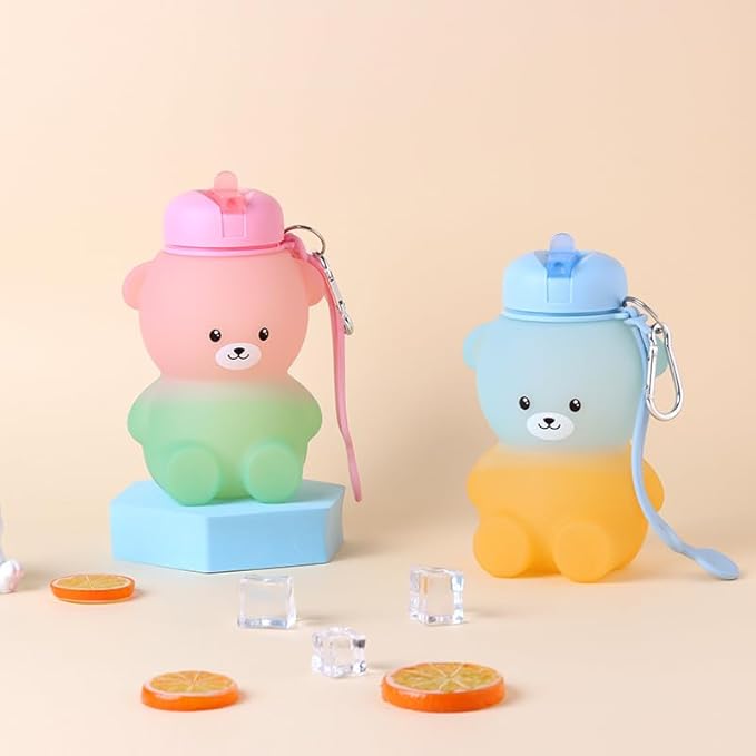 Collapsible Silicone Water Bottle,kawaii water bottle,500ml(16.9 oz),cute water bottles For Girls,School,Sports,Hiking, Backpacking, Camping, Walking, BPA Free(cute bear)