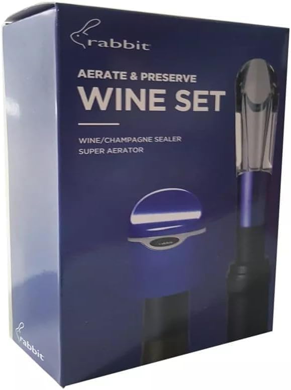 Rabbit Aerate and Preserve Wine Set, Wine/Champagne Sealer and Super Aerator (Blue), Standard