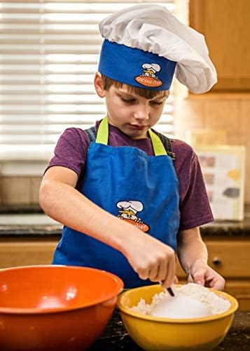 Curious Chef 4-Piece Child Textile Set for Kids and Toddlers, Blue and Green Child-Sized Apron, Oven Mitts and Chef’s Hat, Real Kitchen Wear Cooking Kit