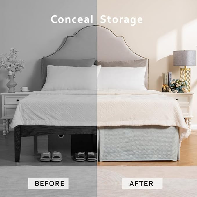 MIYE Pleated Waffle Weave Bed Skirt, Tailored Dust Ruffle 12 Inch Drop Easy Fit, Machine Washable (Light Grey, Queen - 12" Drop)