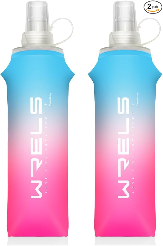 Collapsible TPU Soft Flask,Reusable Handheld Soft Water Bottle for Hydration Pack,BPA Free Gradient Folding Water Flask for Running Cycling Climbing (Light Blue&Pink-500ml*2)