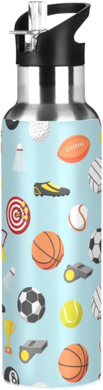Sport balls Stainless Steel Water Bottle with Straw Lid - 20 Oz Sports Insulated Water Bottle Thermos for Sport Gym Outdoor Travel School (DZ001)