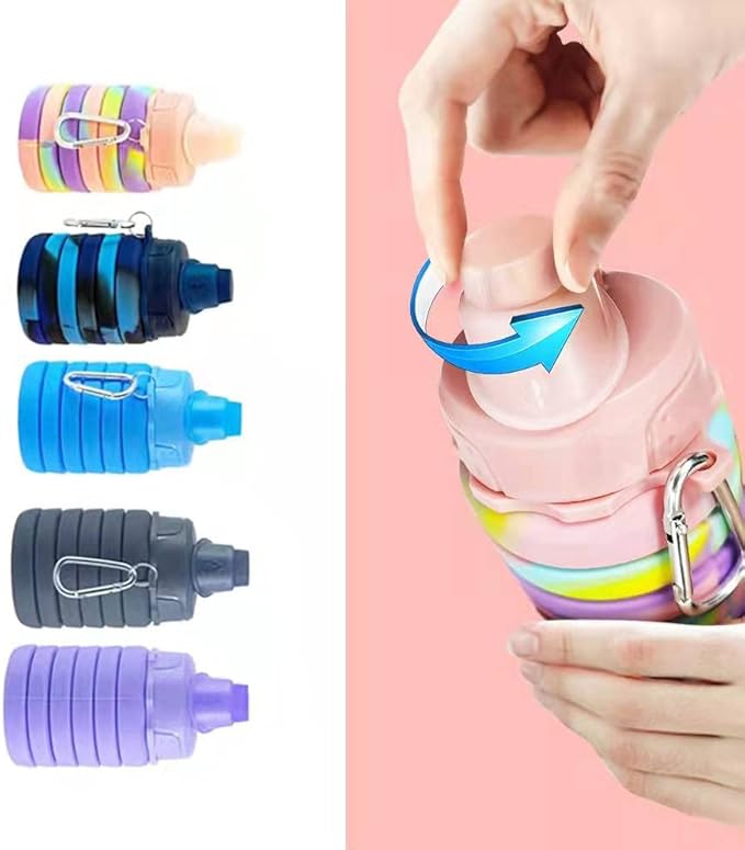 Collapsible Water Bottle Travel Water Bottle Portable Hiking Water Bottle with Leak proof Twist Cap 500ML Reusable BPA Free Silicone Water Bottles (Style1, Pink camouflage)