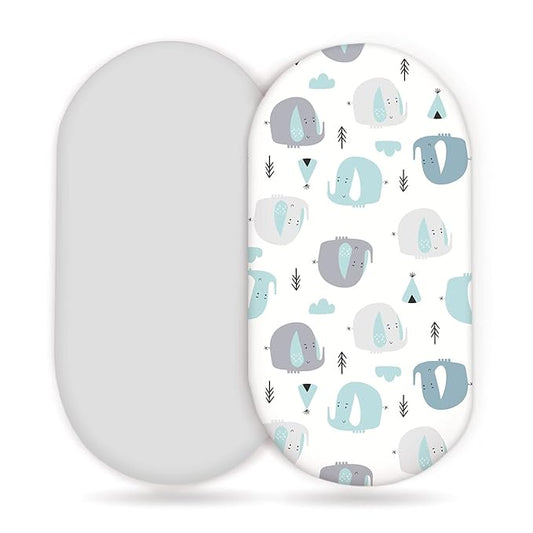 Stretchy Ultra Soft Fitted Bassinet Sheets 2 Pack, Universal Fitted Sheets for Rectangle, Oval, or Hourglass Bassinet Mattresses or Changing Pads, Cute Elephant Baby Sheets for Boy and Girl