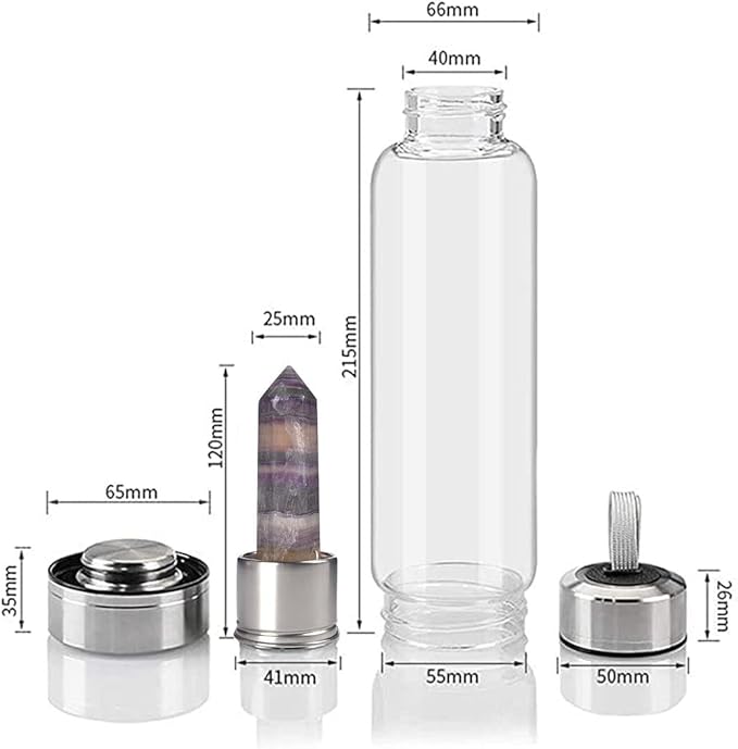 Crystal Glass Water Bottle Energy Quartz Gemstone Water Bottle with Changeable Natural Crystal Center for Healing and Wellness Bright Colorful Fluorite
