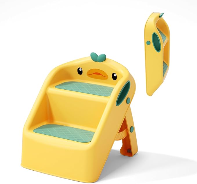 Toddler Step Stool Folding, Yellow, 2 Step Stool for Kids Bathroom Sink Potty Toilet, Gift to Give Stepping Stool for Todders 1-3, 11" 2 Steps & 4" Child Back Support, Easy to Use & Carry & Wash