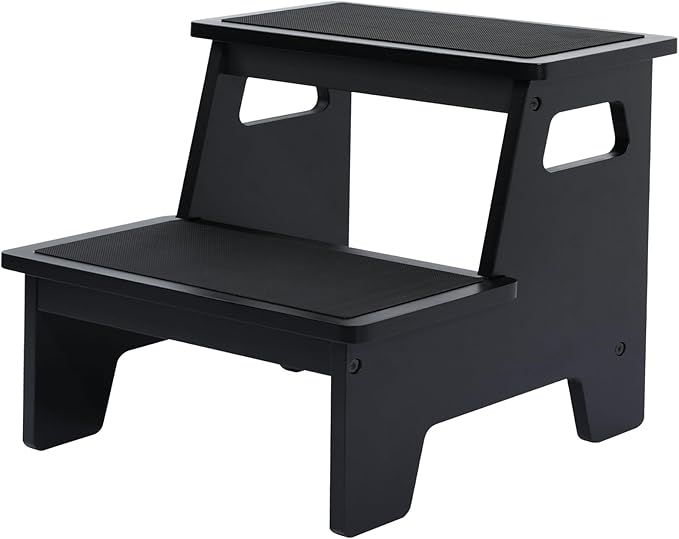 Kids Step Stools for Toddlers Bathroom Wood Toddler Step Stool Kitchen Counter Sink Baby Stepstools Bamboo Wooden Foot Bed Stool for Child Potty Training Toilet Stool Stepping Stool, Black with Pads