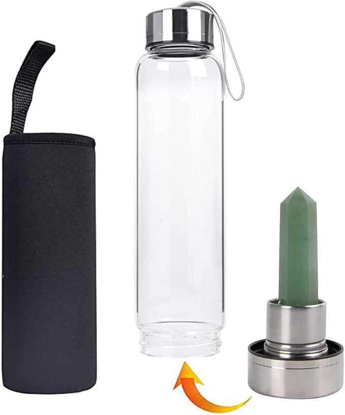 Crystal Glass Water Bottle Energy Quartz Gemstone Water Bottle with Changeable Natural Crystal Center for Healing and Wellness Jade Crystal
