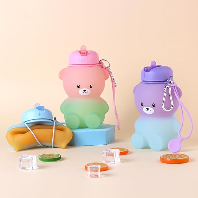 Collapsible Silicone Water Bottle,kawaii water bottle,500ml(16.9 oz),cute water bottles For Girls,School,Sports,Hiking, Backpacking, Camping, Walking, BPA Free(cute bear)