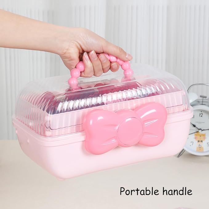 Hair Accessories Organizer for Girls Headbands, Clips, Ties Baby Girl Supplies, Lockable Three-layer Folding Craft Organizers and Storage Plastic Jewelry Box,10.8 * 5.9 * 5.7in (Pink)