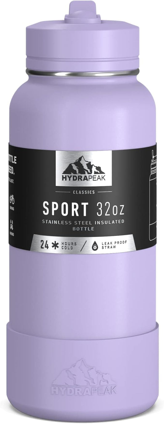 Hydrapeak 32oz Sport Insulated Water Bottle with Straw or Chug Lid, Leak & Spill Proof, Keeps Drinks Cold for 24 Hours, Hot for 12 Hours, Premium Stainless Steel Water Bottles (32oz, Orchid)