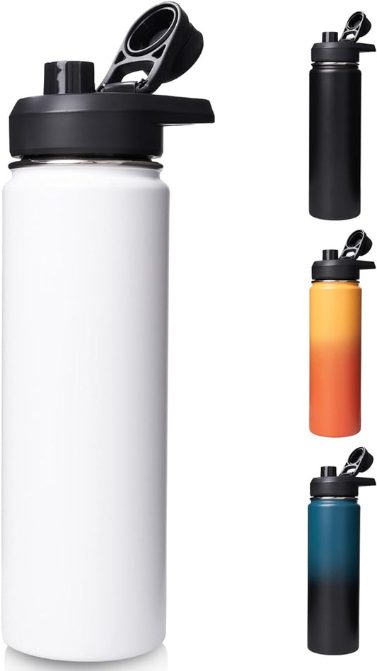 24oz Insulated Water Bottle with Handle, Stainless Steel Water Bottles with Wide Mouth, Double Wall Vacuum Sports Water Bottle, BPA Free, Keep Cold and Hot, White