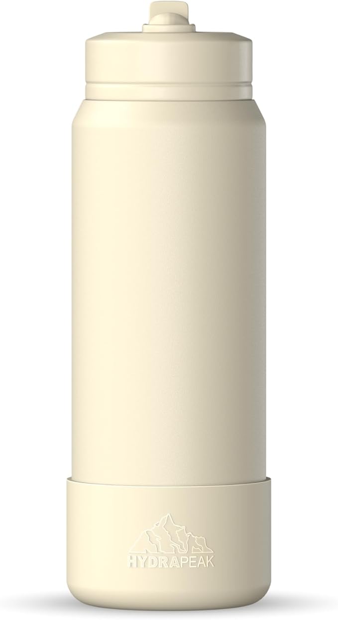 Hydrapeak 26oz Sport Insulated Water Bottle with Straw or Chug Lid, Leak & Spill Proof, Keeps Drinks Cold for 24 Hours, Hot for 12 Hours, Premium Stainless Steel Water Bottles (26oz, Modern Cream)
