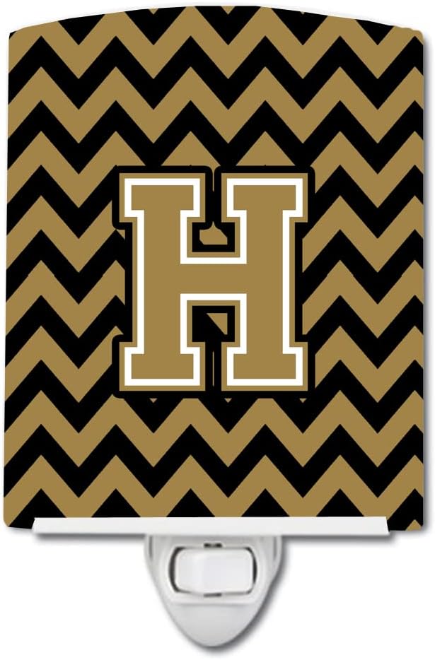 Caroline's Treasures CJ1050-HCNL Letter H Chevron Black and Gold Ceramic Night Light Compact, UL-Certified, Ideal for Bedroom, Bathroom, Nursery, Hallway, Kitchen, 6x4x3, Multicolor