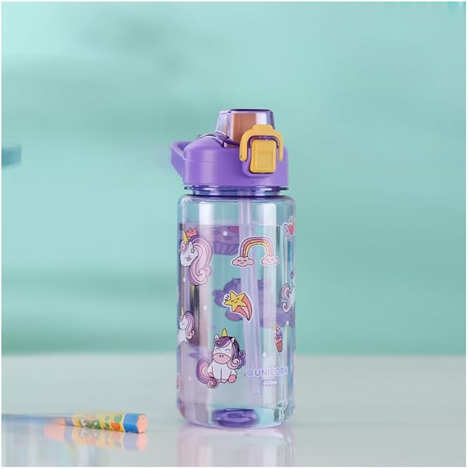 Kids Boys & Girls School and outdoor Water Bottle with silicone straw and Spill-Proof Lid (Unicorns & Rainbows), GY2380