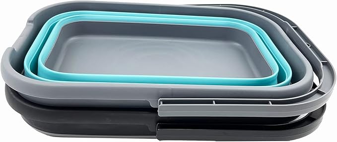 SAMMART 12L (3.1 gallon) Collapsible Rectangular Handy Bucket/Multiuse Foldable Water Pail for Camping, Fishing (Alloy Grey + Crystal Blue (Set of 2))