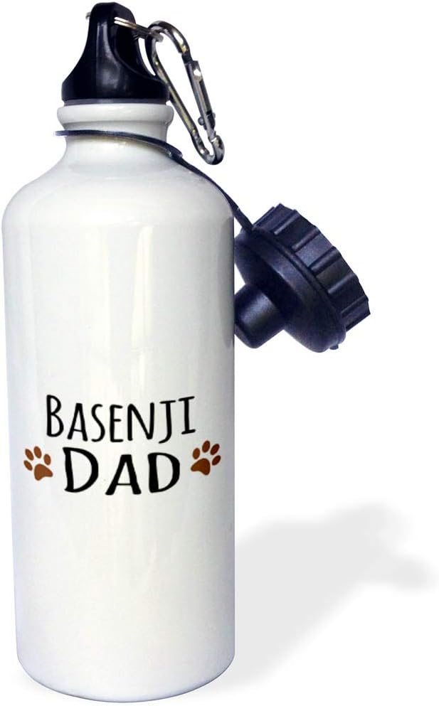 3dRose "Basenji Dog Dad-Doggie by breed-brown muddy paw prints-doggy lover love pet owner" Sports Water Bottle, 21 oz, White
