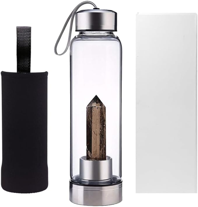 Crystal Glass Water Bottle,Water Bottle With Gemstone Center Crystal Elixir Bottle,Removable Gemstones Creative Water Cup Crystal Column Magic Wand Energy Cup for Gifts (K-Tea Crystal)