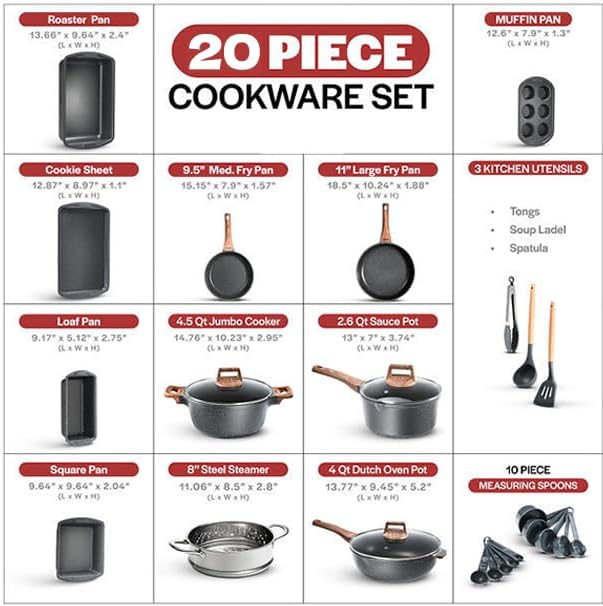 Bakken-Swiss 20-Piece Kitchen Cookware Set – Granite Non-Stick – Eco-Friendly – for All Stoves & Oven-Safe - Marble coating