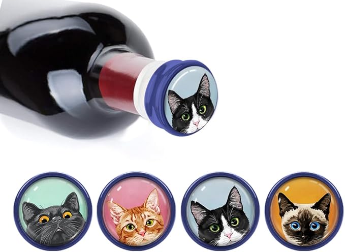 WIRESTER Set of 4 Ceramic Cork Decorative Wine Bottle Stoppers For Bar, Holiday, Party, Wedding - Cats Face On Solid Color