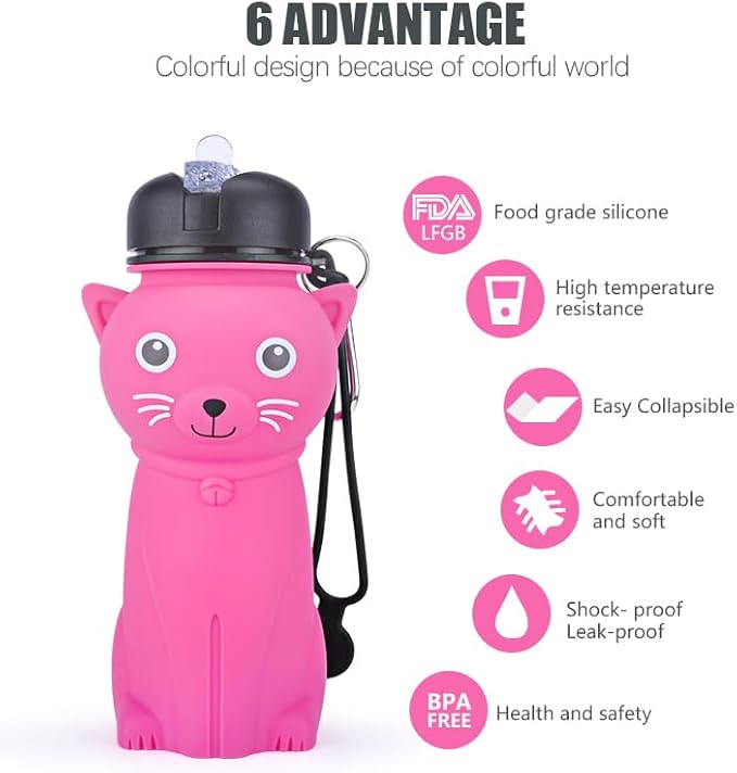 Collapsible Silicone Water Bottle,kawaii water bottle,500ml(16.9 oz),cute water bottles For Girls,School,Sports,Hiking, Backpacking, Camping, Walking, BPA Free(cute bear)