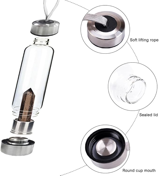 Crystal Glass Water Bottle,Water Bottle With Gemstone Center Crystal Elixir Bottle,Removable Gemstones Creative Water Cup Crystal Column Magic Wand Energy Cup for Gifts (K-Tea Crystal)