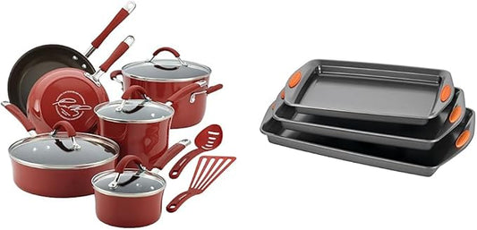 Rachael Ray Cucina Nonstick Cookware Pots and Pans Set, 12 Piece, Cranberry Red & Nonstick Bakeware Set with Grips, Nonstick Cookie Sheets/Baking Sheets - 3 Piece, Gray with Orange Grips