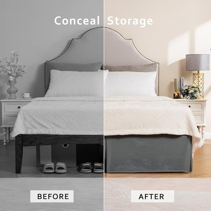 MIYE Pleated Waffle Weave Bed Skirt, Tailored Dust Ruffle 12 Inch Drop Easy Fit, Machine Washable (Dark Grey, King - 12" Drop)
