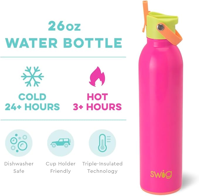 Swig Life 26oz Insulated Water Bottle with Straw & Flip + Sip Handle | Leak Proof, Dishwasher Safe, Cup Holder Friendly, Stainless Steel Water Bottle in Tutti Frutti