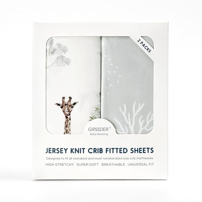 GRSSDER Stretch Ultra Soft Jersey Knit Fitted Crib Sheets Set 2 Pack,Fit All Standard Crib Mattress Pads Safe and Snug, Crib Fitted Sheet for Boys and Girls, Pretty African Savannah Animals Pattern