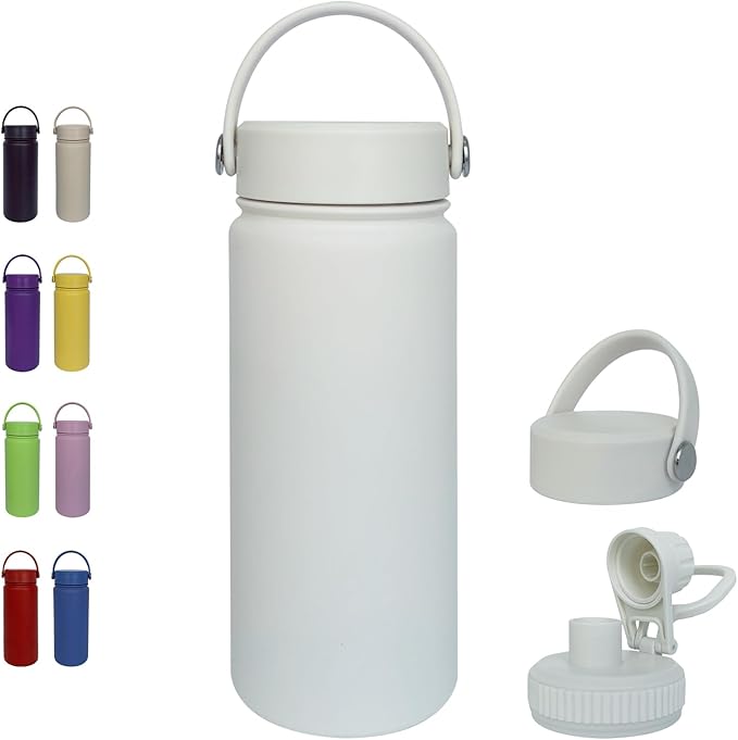 18oz Insulated Water Bottle ,Stainless Steel Sports Water Cup Flask with 2 Lids, Wide Mouth Travel Thermal Mug,Outdoor Sports Bottle(white)