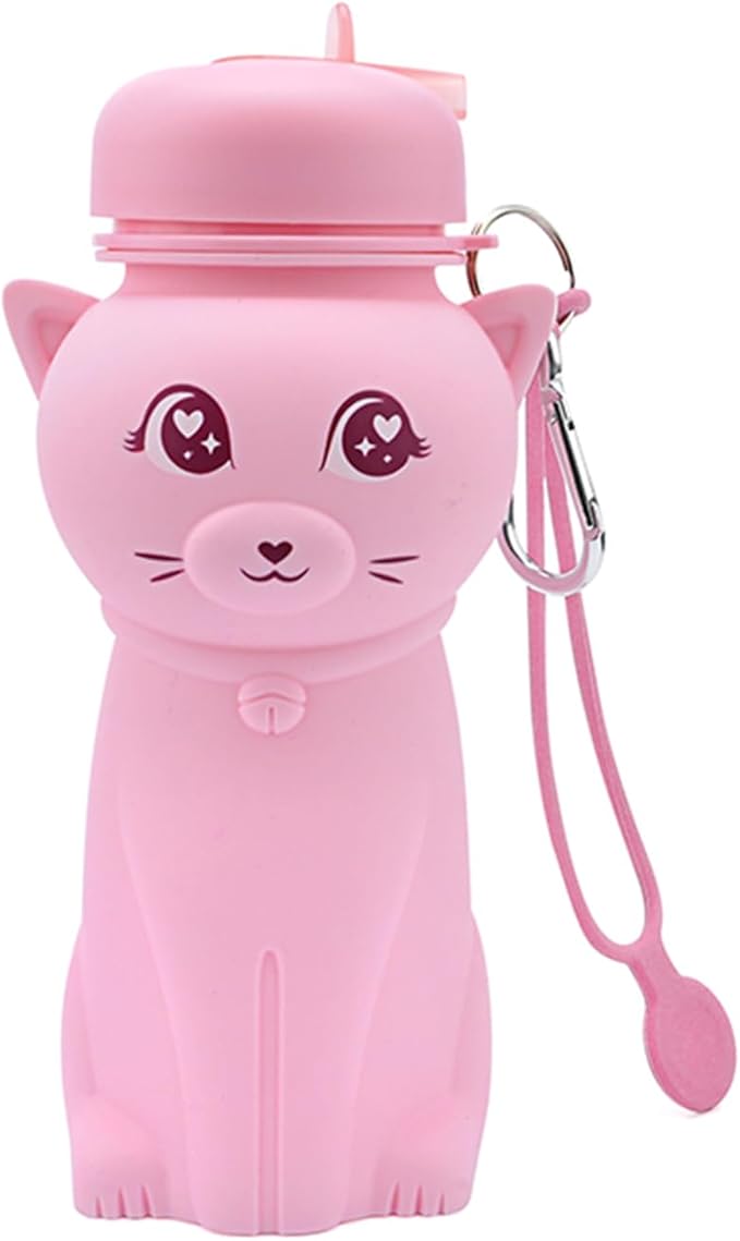 Cat Water Bottle,Collapsible Water Bottle for Kids,Cute Water Bottles -kawaii Cat Appearance - Portable Leak Proof with Roll Up Foldable Silicone Features for Sports,BPA Free (pink)