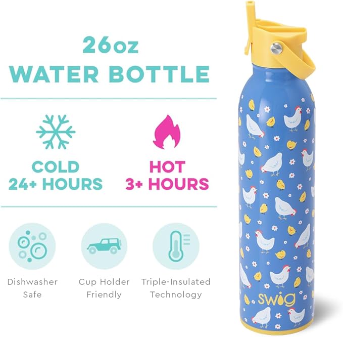 Swig Life 26oz Insulated Water Bottle with Straw & Flip + Sip Handle | Leak Proof, Dishwasher Safe, Cup Holder Friendly, Stainless Steel Water Bottle (Chicks Dig It)