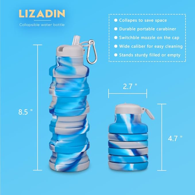 Collapsible water bottles 2 Pack with brush,BPA Free Travel Silicone Water Bottle with Carabiner,Reusable Foldable Portable Lightweight Sports bottles for Gym Camping Hiking (Pink+Aqua blue)