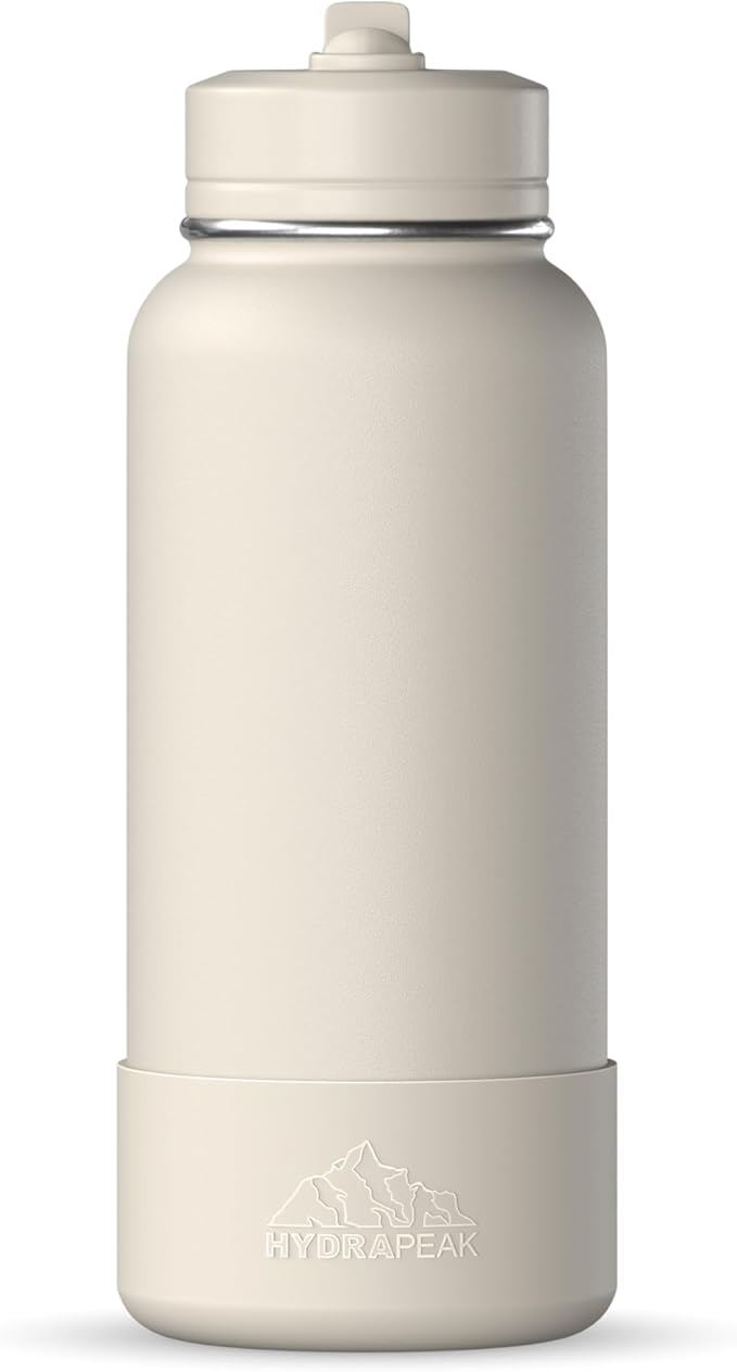 Hydrapeak 32oz Sport Insulated Water Bottle with Straw or Chug Lid, Leak & Spill Proof, Keeps Drinks Cold for 24 Hours, Hot for 12 Hours, Premium Stainless Steel Water Bottles (32oz, Stone)