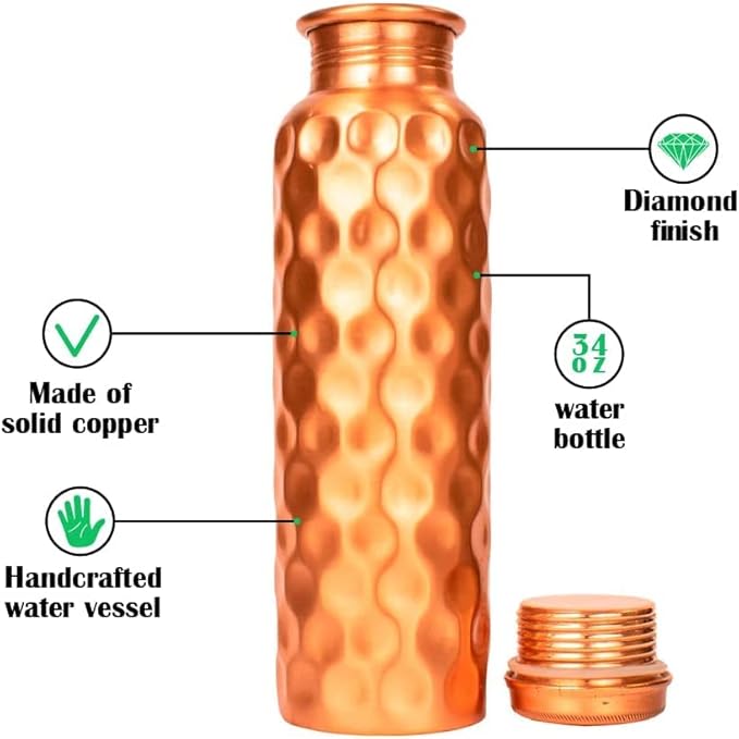Copper Water Drinking Bottle Ayurvedic Health Benefits Diamond Pattern Water Bottle (1 Bottle and 1 Glass)