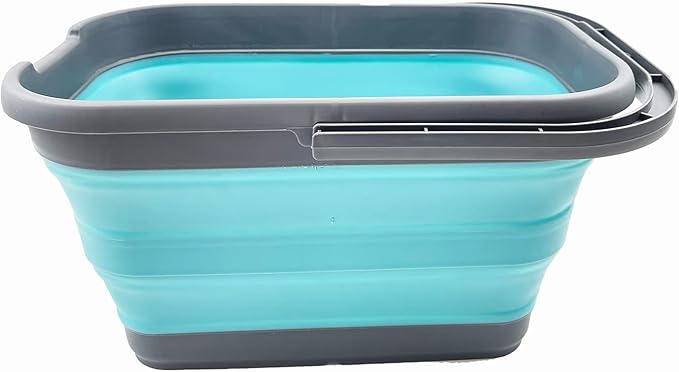SAMMART 12L (3.1 Gallon) Collapsible Rectangular Handy Bucket/Multiuse Foldable Water Pail for Camping, Fishing (Grey/Crystal Blue)