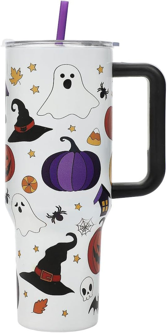 Bioworld Halloween Spooky Icons 40 Oz White Stainless Steel Tumbler With Handle