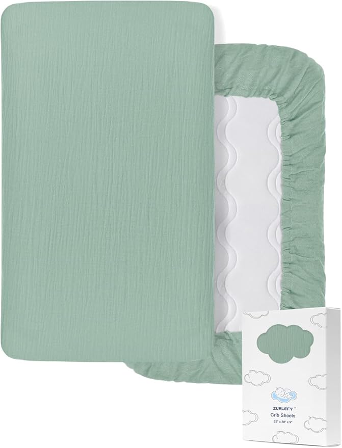 Sage Green Muslin Crib Sheets 28" x 52", 100% Cotton Baby Crib Sheet Neutral, Fitted Crib Mattress Sheets for Boy, Girl (46C-07)