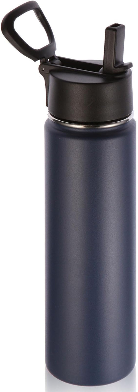 Volhoply 24 Ounce Insulated Water Bottle With Straw Lid,Stainless Steel Wide Mouth Sport Bottles With Handle,Double Wall Vacuum Thermos keep Cold,Reusable Travel Thermal Cups For Holder,Gym(Navy,1)