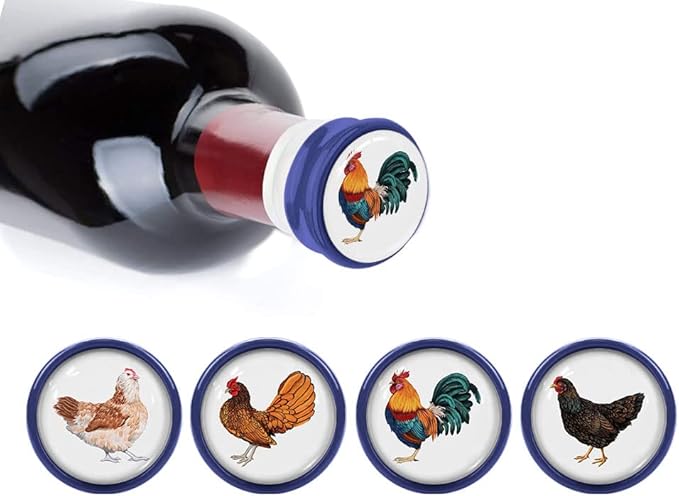WIRESTER Set of 4 Ceramic Cork Decorative Wine Bottle Stoppers For Bar, Holiday, Party, Wedding - Chickens