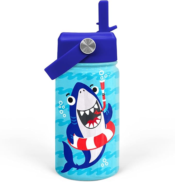 Shark Water Bottle - Kids Water Bottle with Straw Lid - 12 Oz Insulated Stainless Steel Water Bottles for Toddlers Kid Boys - Travel Cup for School Sports
