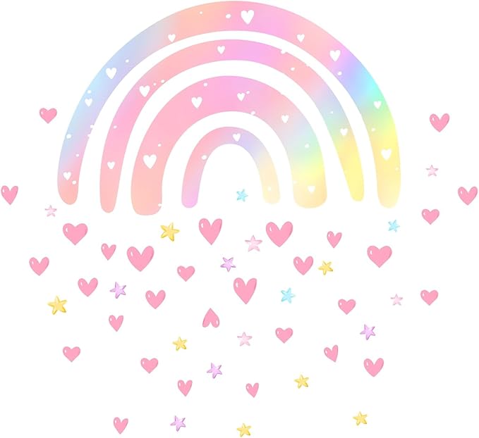 Pink Rainbow Love Heart Stars Wall Sticker Wall Stickers, sacinora Large Dazzle Art DIY Wall Decals Removable Vinyl Peel and Stick for Kids Baby Nursery Bedroom Playroom Kindergarten Home Decorations