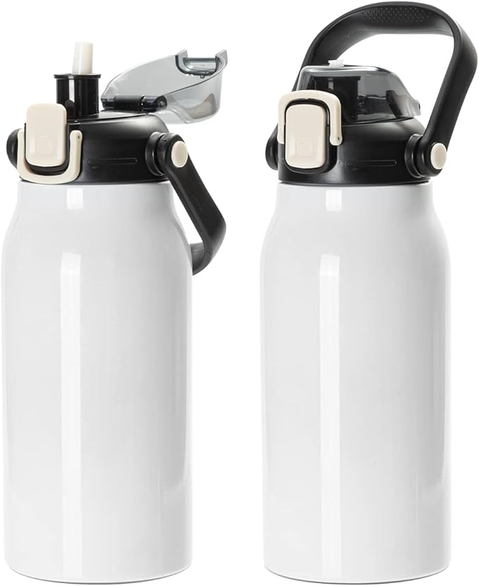 PYD Life Sublimation Water Bottles Vacuum Flasks 44 OZ White with Portable Sippy Up Lid and Straw Large Stainless Steel Travel Tumblers Cups Mugs for Tumbler Heat Press 2 Pack