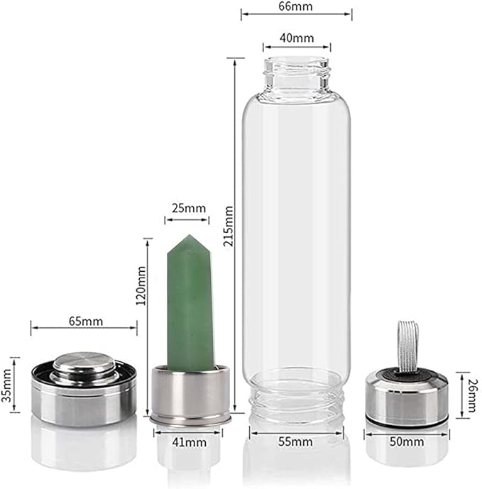 Crystal Glass Water Bottle Energy Quartz Gemstone Water Bottle with Changeable Natural Crystal Center for Healing and Wellness Jade Crystal