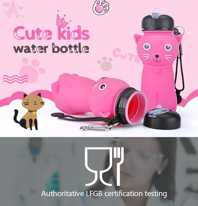 Collapsible Silicone Water Bottle,kawaii water bottle,500ml(16.9 oz),cute water bottles For Girls,School,Sports,Hiking, Backpacking, Camping, Walking, BPA Free(cute bear)